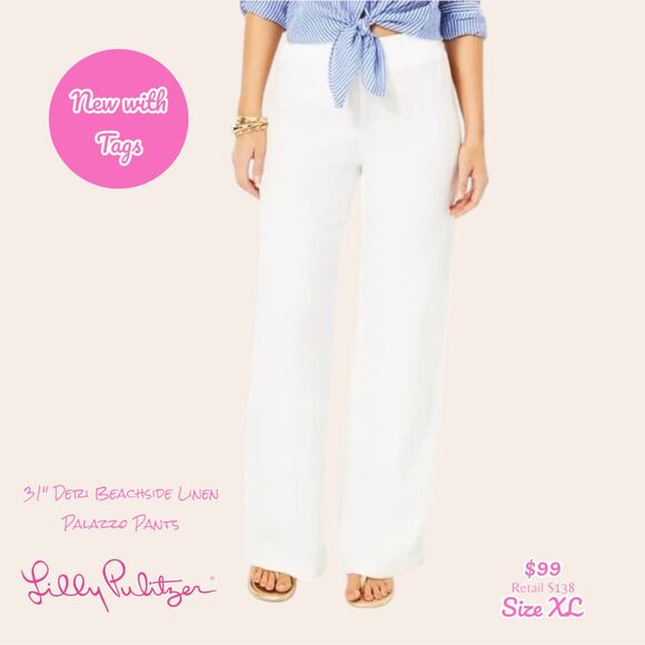 NWT Lilly Pulitzer 31" Deri Linen Palazzo Pant Size‎ XL in Resort White - Picture 1 of 8